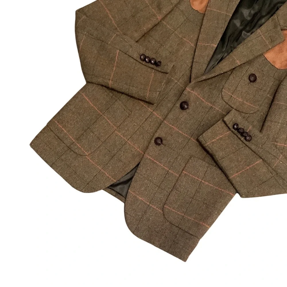 PJ Paul Jones Mens Tweed Plaid Wool Blend Blazer Elbow Patch Brown Size S Jacket